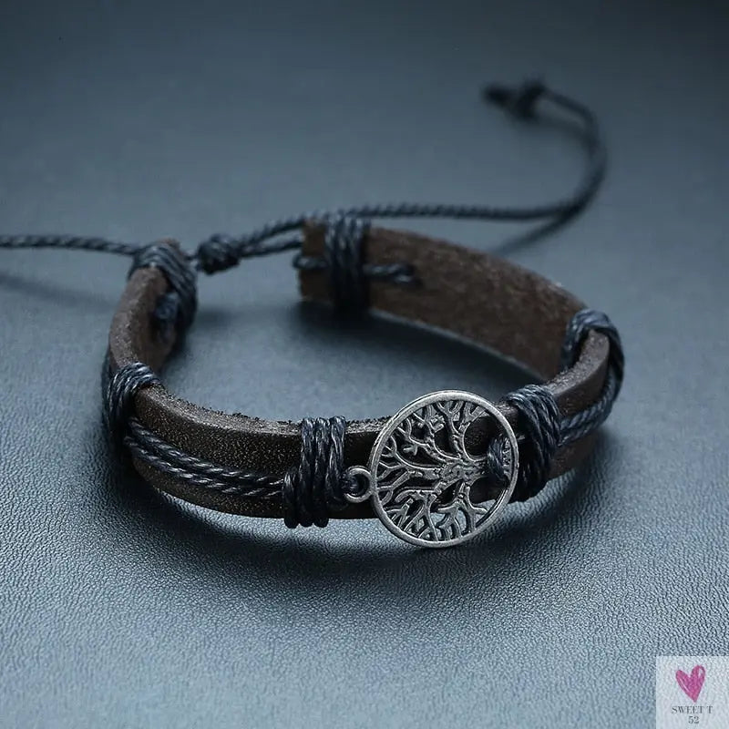4 Pcs Set Braided Wrap Leather Bracelets for Men - Vintage, Life Tree, Rudder Charm, Wood Beads Wrist Wear