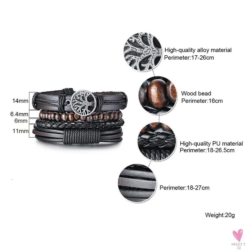 4 Pcs Set Braided Wrap Leather Bracelets for Men - Vintage, Life Tree, Rudder Charm, Wood Beads Wrist Wear