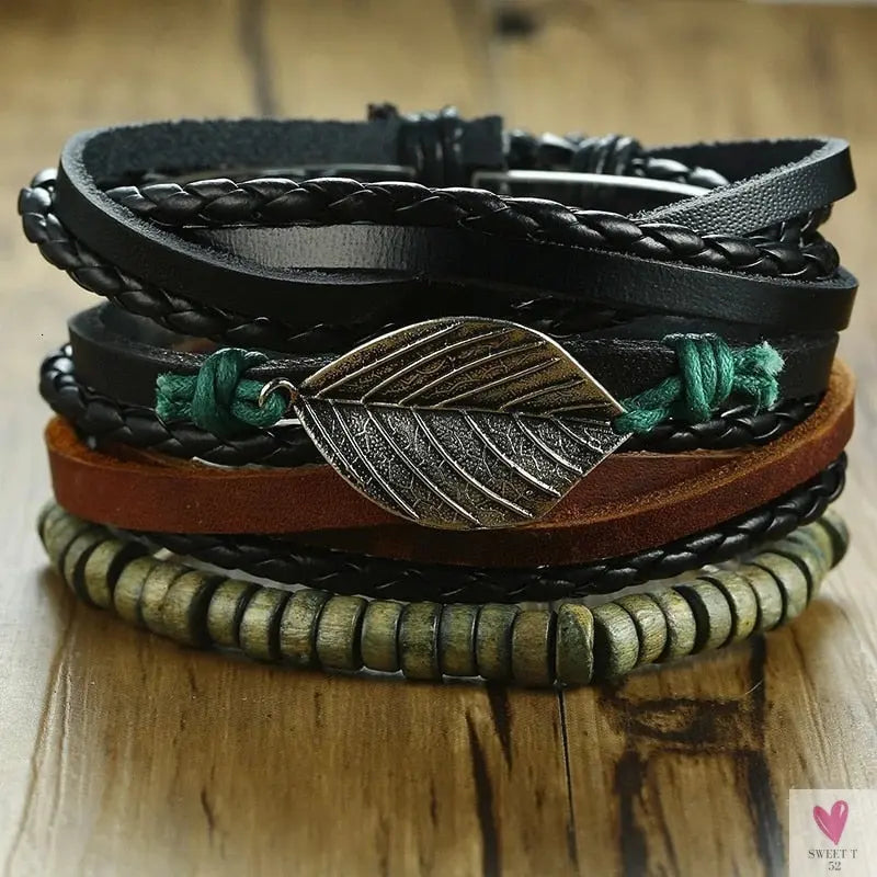 4 Pcs Set Braided Wrap Leather Bracelets for Men - Vintage, Life Tree, Rudder Charm, Wood Beads Wrist Wear