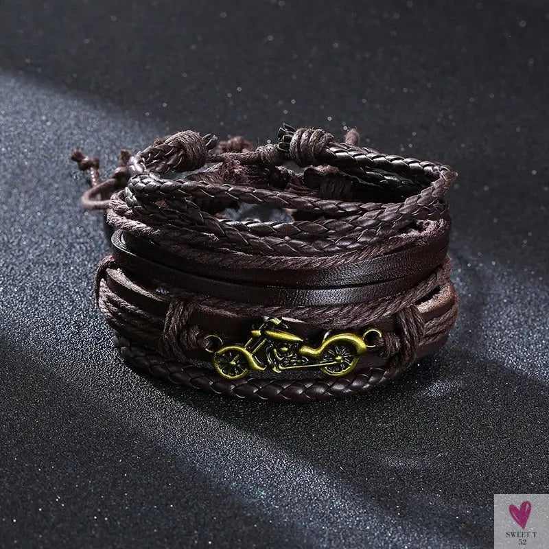 4 Pcs Set Braided Wrap Leather Bracelets for Men - Vintage, Life Tree, Rudder Charm, Wood Beads Wrist Wear