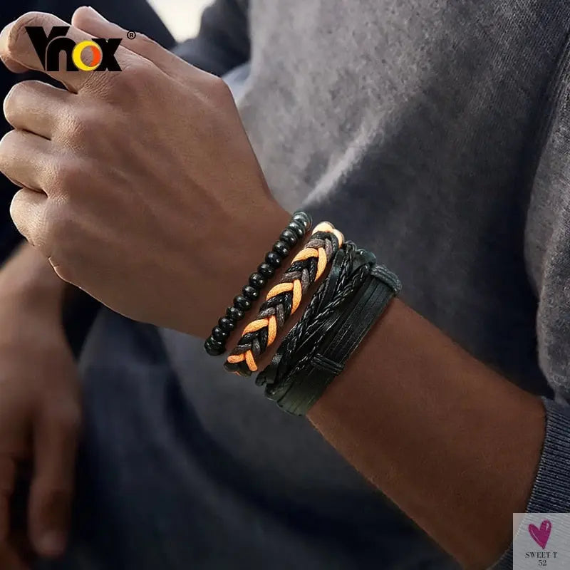 4 Pcs Set Braided Wrap Leather Bracelets for Men - Vintage, Life Tree, Rudder Charm, Wood Beads Wrist Wear