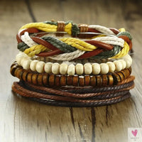 4 Pcs Set Braided Wrap Leather Bracelets for Men - Vintage, Life Tree, Rudder Charm, Wood Beads Wrist Wear