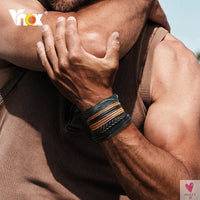 4 Pcs Set Braided Wrap Leather Bracelets for Men - Vintage, Life Tree, Rudder Charm, Wood Beads Wrist Wear