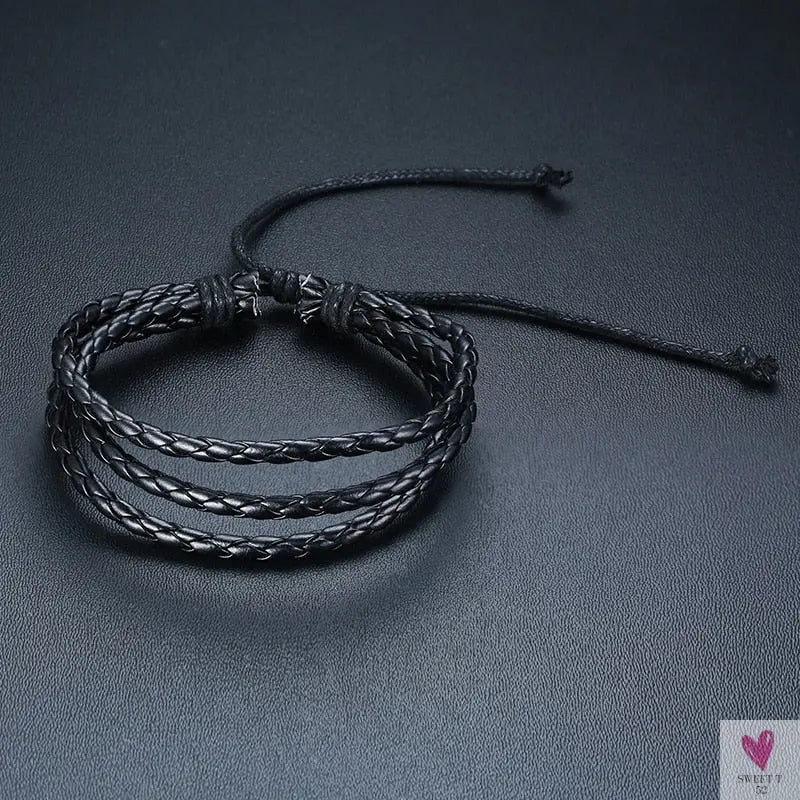 4 Pcs Set Braided Wrap Leather Bracelets for Men - Vintage, Life Tree, Rudder Charm, Wood Beads Wrist Wear