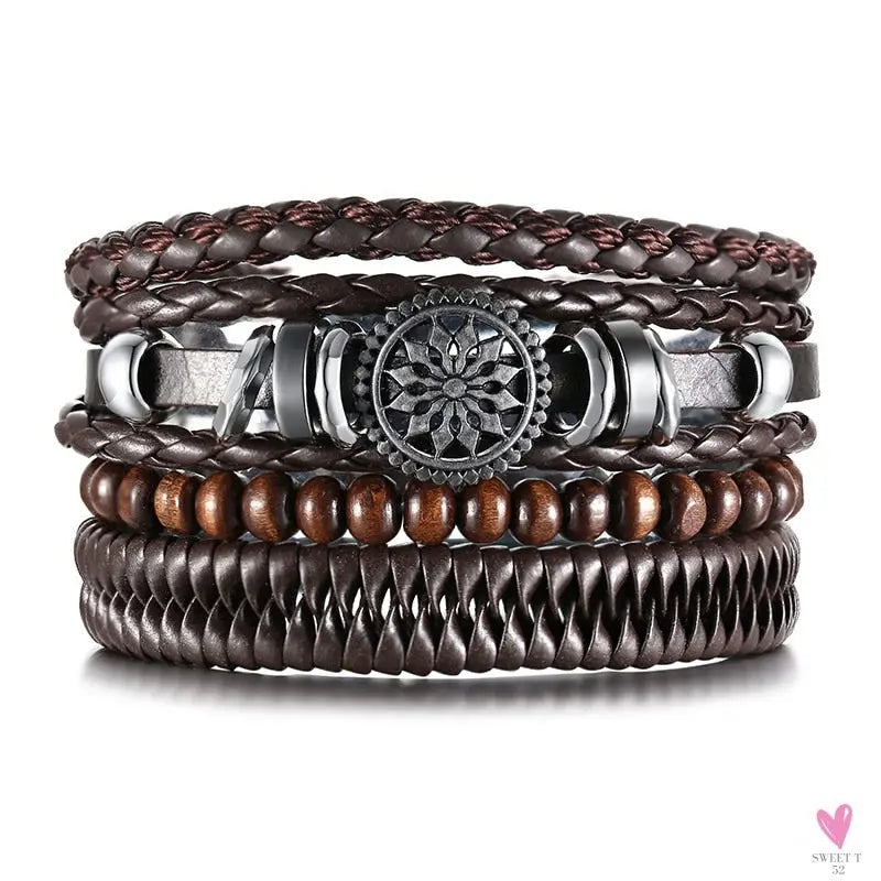 4 Pcs Set Braided Wrap Leather Bracelets for Men - Vintage, Life Tree, Rudder Charm, Wood Beads Wrist Wear