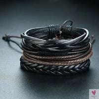 4 Pcs Set Braided Wrap Leather Bracelets for Men - Vintage, Life Tree, Rudder Charm, Wood Beads Wrist Wear