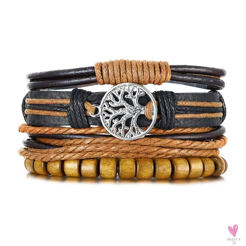 4 Pcs Set Braided Wrap Leather Bracelets for Men - Vintage, Life Tree, Rudder Charm, Wood Beads Wrist Wear