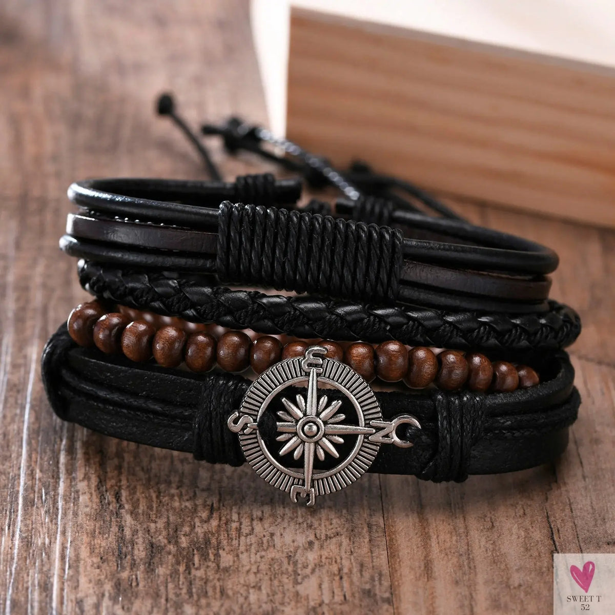 4 Pcs Set Braided Wrap Leather Bracelets for Men - Vintage, Life Tree, Rudder Charm, Wood Beads Wrist Wear