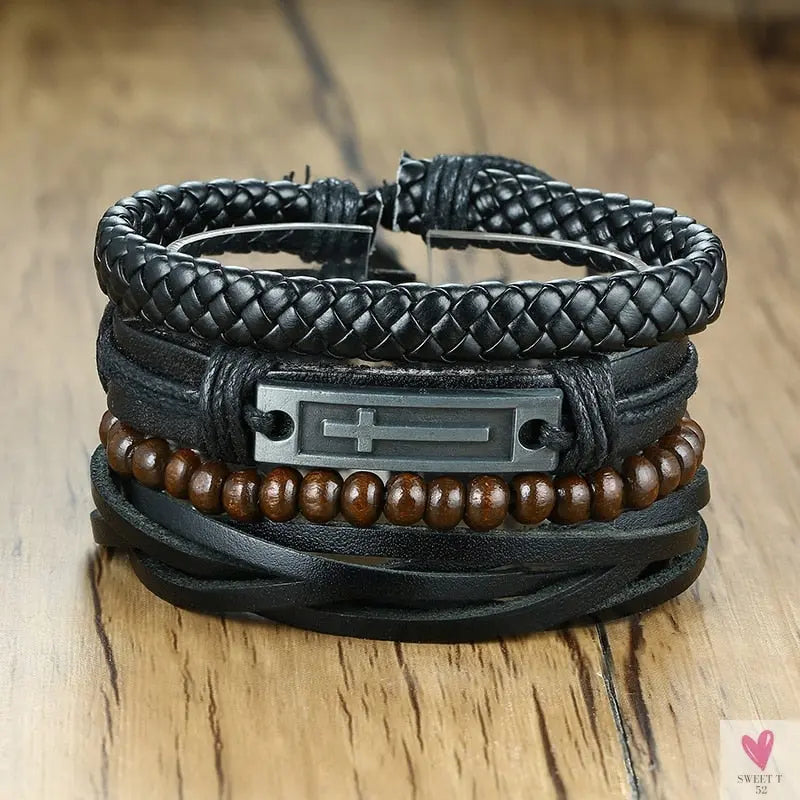 4 Pcs Set Braided Wrap Leather Bracelets for Men - Vintage, Life Tree, Rudder Charm, Wood Beads Wrist Wear