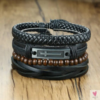 4 Pcs Set Braided Wrap Leather Bracelets for Men - Vintage, Life Tree, Rudder Charm, Wood Beads Wrist Wear