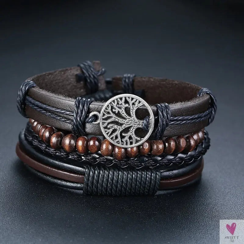 4 Pcs Set Braided Wrap Leather Bracelets for Men - Vintage, Life Tree, Rudder Charm, Wood Beads Wrist Wear