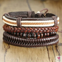 4 Pcs Set Braided Wrap Leather Bracelets for Men - Vintage, Life Tree, Rudder Charm, Wood Beads Wrist Wear