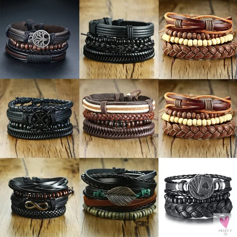 4 Pcs Set Braided Wrap Leather Bracelets for Men - Vintage, Life Tree, Rudder Charm, Wood Beads Wrist Wear