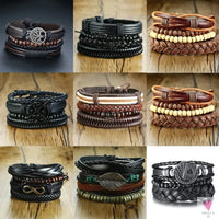 4 Pcs Set Braided Wrap Leather Bracelets for Men - Vintage, Life Tree, Rudder Charm, Wood Beads Wrist Wear