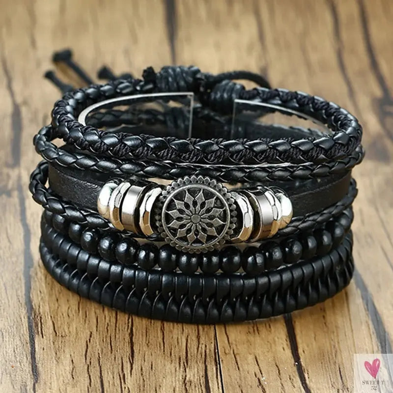 4 Pcs Set Braided Wrap Leather Bracelets for Men - Vintage, Life Tree, Rudder Charm, Wood Beads Wrist Wear