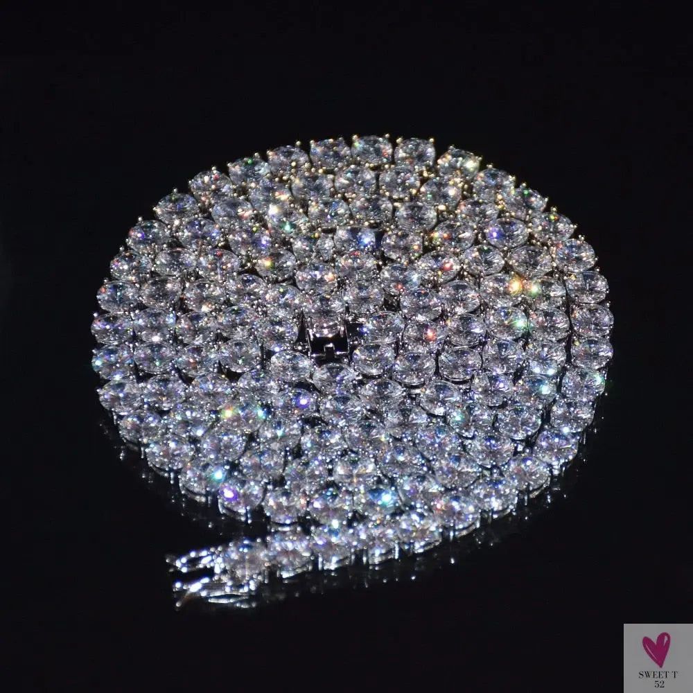 4mm, 5mm, 6mm 1 Row Diamond Tennis Chain Link Zircon Necklace - Hip Hop Jewelry, Silver Color, for Men