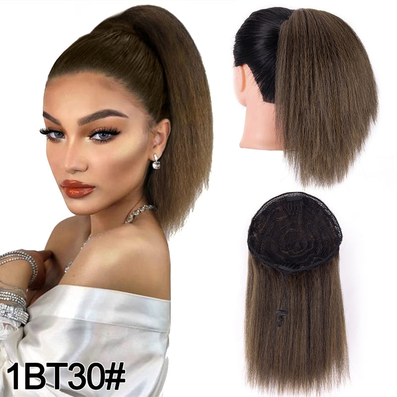 Afro Puff Ponytail Extensions - 10 Inch Yaki Straight Drawstring Ponytail For Women and Girls, Kinky Straight Ponytail, Synthetic Hair