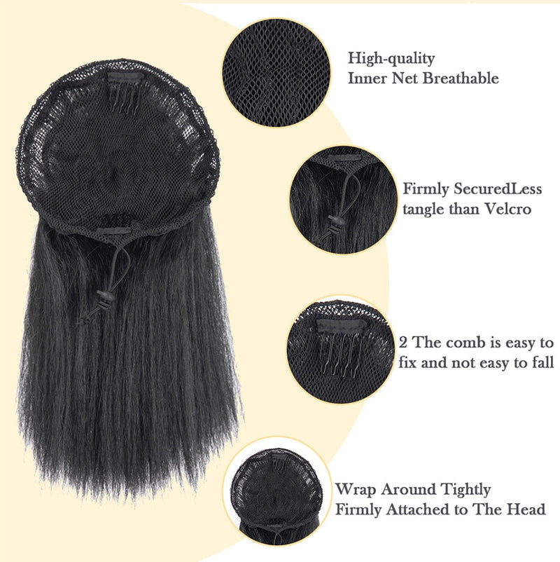 Afro Puff Ponytail Extensions - 10 Inch Yaki Straight Drawstring Ponytail For Women and Girls, Kinky Straight Ponytail, Synthetic Hair