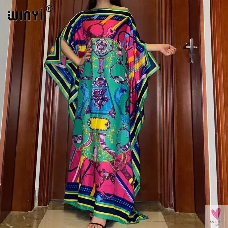 African Dashiki Dress for Women & Girls - Print Bohemia Silk Scarf Hijab, Loose Elegant Muslim Abaya Bazin Robe/Gowns