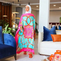 African Dashiki Dress for Women & Girls - Print Bohemia Silk Scarf Hijab, Loose Elegant Muslim Abaya Bazin Robe/Gowns