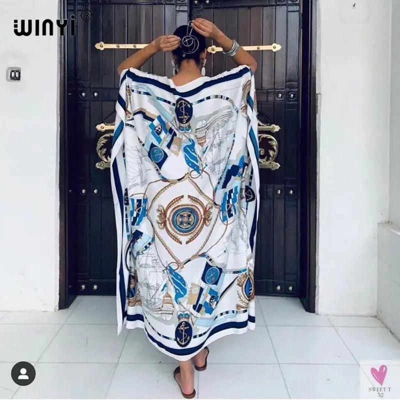 African Dashiki Dress for Women & Girls - Print Bohemia Silk Scarf Hijab, Loose Elegant Muslim Abaya Bazin Robe/Gowns