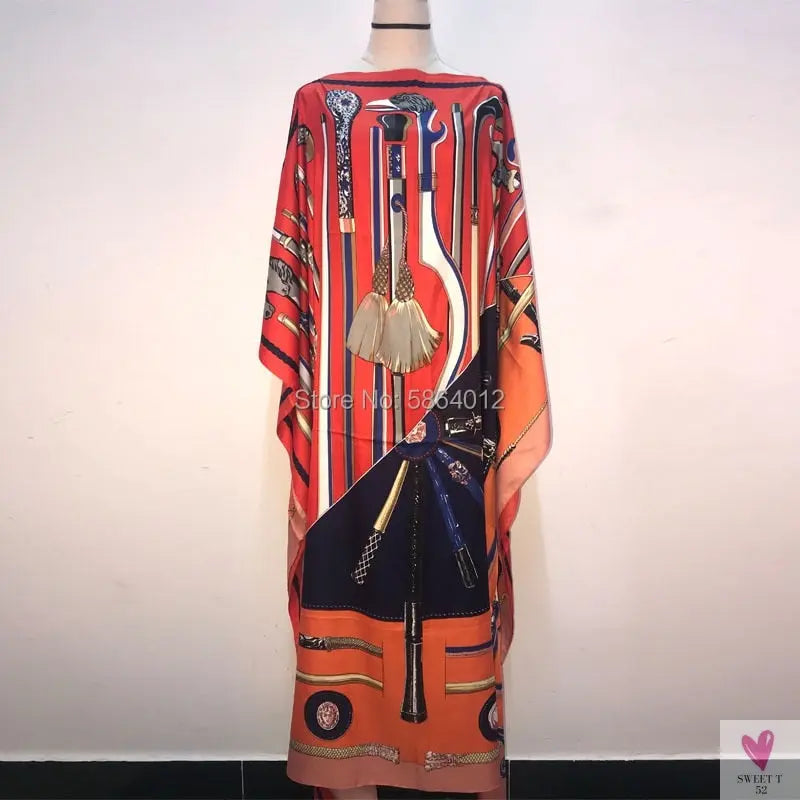 African Dashiki Dress for Women & Girls - Print Bohemia Silk Scarf Hijab, Loose Elegant Muslim Abaya Bazin Robe/Gowns