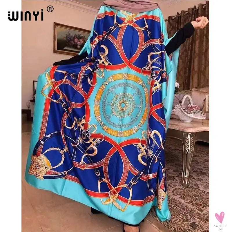 African Dashiki Dress for Women & Girls - Print Bohemia Silk Scarf Hijab, Loose Elegant Muslim Abaya Bazin Robe/Gowns