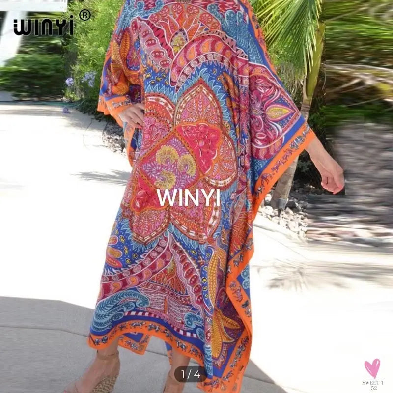 African Dashiki Dress for Women & Girls - Print Bohemia Silk Scarf Hijab, Loose Elegant Muslim Abaya Bazin Robe/Gowns