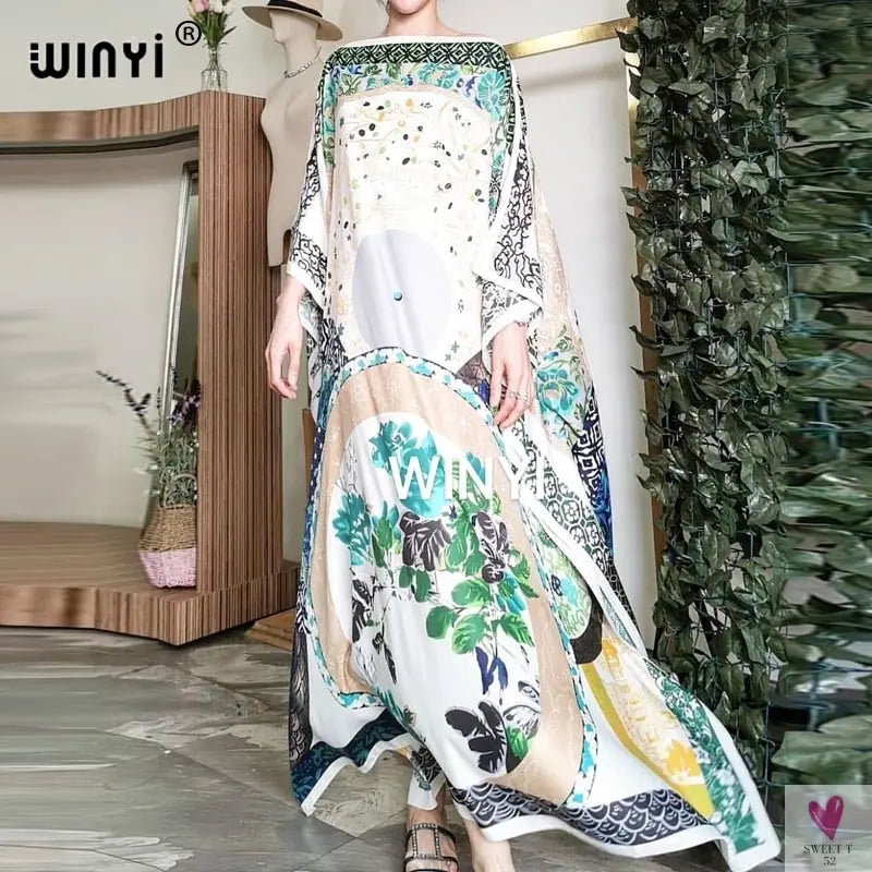 African Dashiki Dress for Women & Girls - Print Bohemia Silk Scarf Hijab, Loose Elegant Muslim Abaya Bazin Robe/Gowns