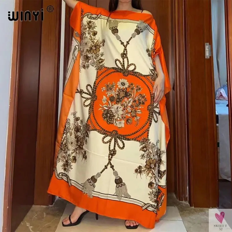 African Dashiki Dress for Women & Girls - Print Bohemia Silk Scarf Hijab, Loose Elegant Muslim Abaya Bazin Robe/Gowns