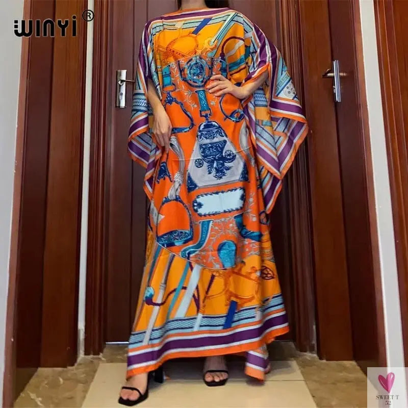 African Dashiki Dress for Women & Girls - Print Bohemia Silk Scarf Hijab, Loose Elegant Muslim Abaya Bazin Robe/Gowns