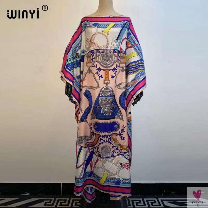 African Dashiki Dress for Women & Girls - Print Bohemia Silk Scarf Hijab, Loose Elegant Muslim Abaya Bazin Robe/Gowns