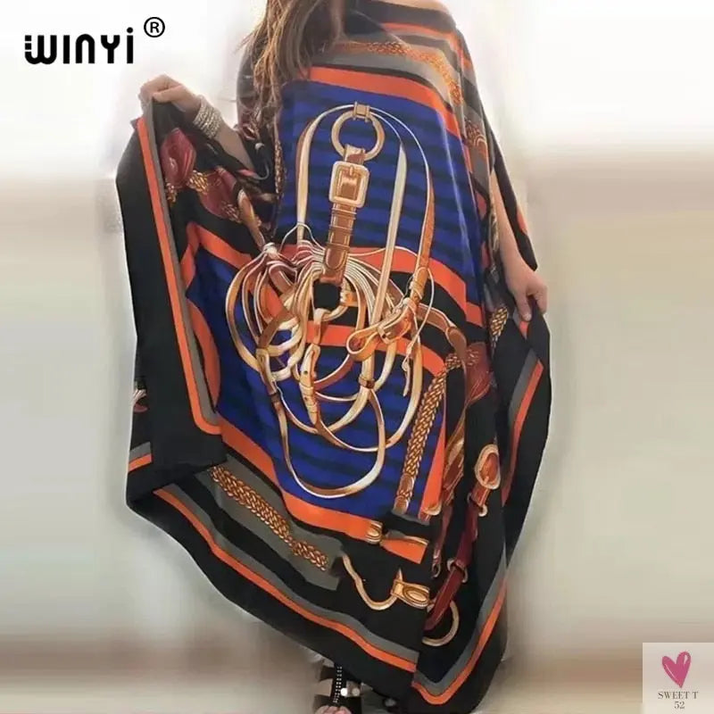 African Dashiki Dress for Women & Girls - Print Bohemia Silk Scarf Hijab, Loose Elegant Muslim Abaya Bazin Robe/Gowns