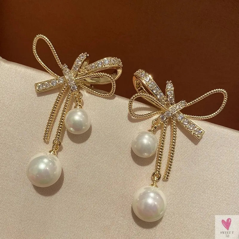 Bowknot/Pearl Dangle/Drop Earrings for Women and Girls, Simple Elegant Jewelry in Army Green Zinc Metal Color