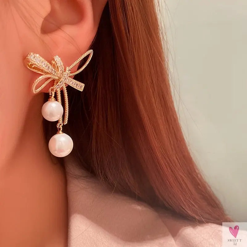 Bowknot/Pearl Dangle/Drop Earrings for Women and Girls, Simple Elegant Jewelry in Army Green Zinc Metal Color