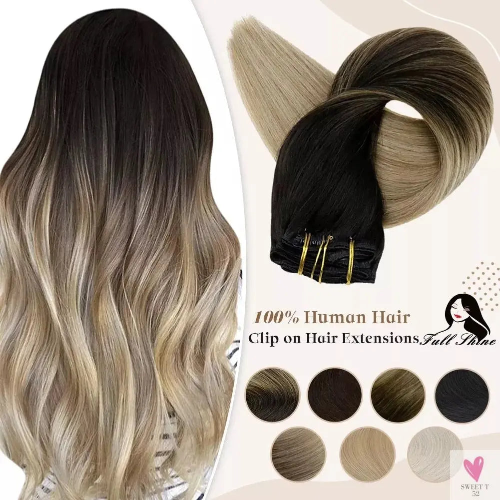 Clip-in Hair Extensions - Human Hair Clips Balayage (highlights) 7pcs, 120g, Double Weft Human Hair Extensions for Women and Girls, 12 Inches