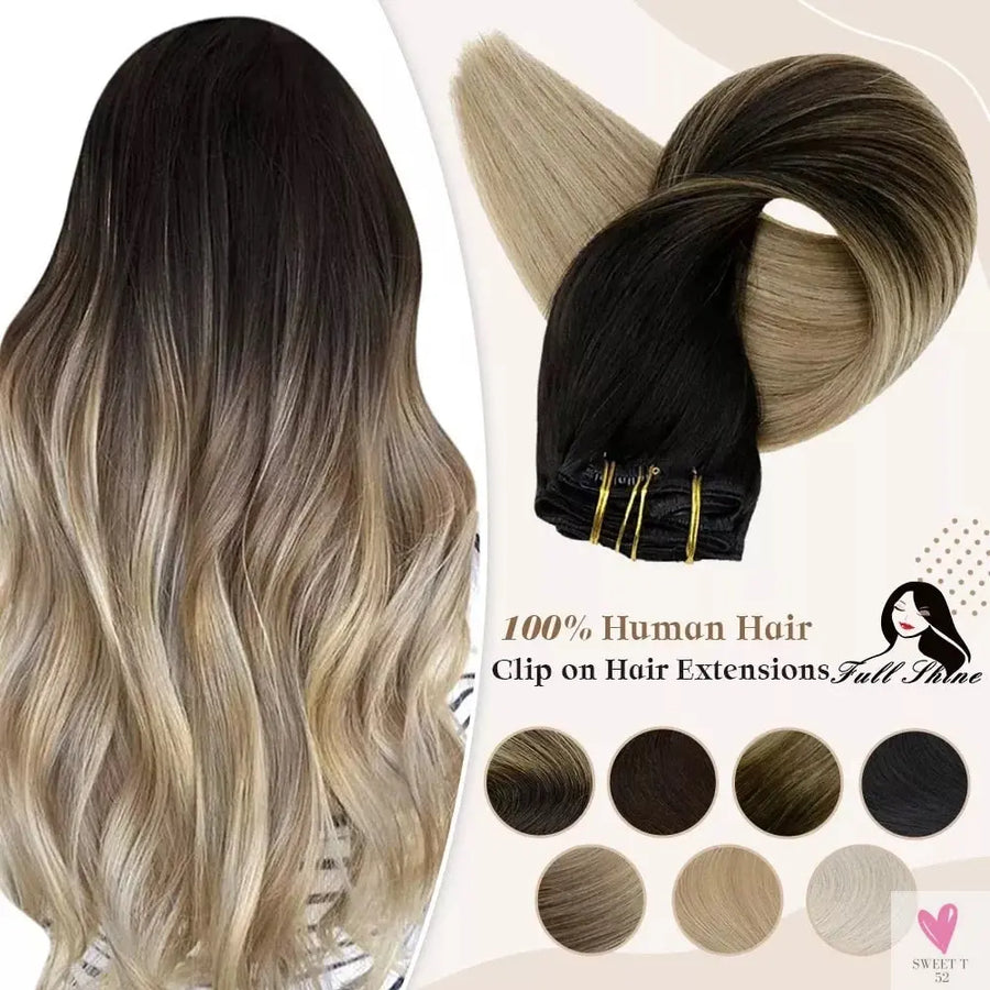 Clip-in Hair Extensions - Human Hair Clips Balayage (highlights) 7pcs, 120g, Double Weft Human Hair Extensions for Women and Girls, 12 Inches