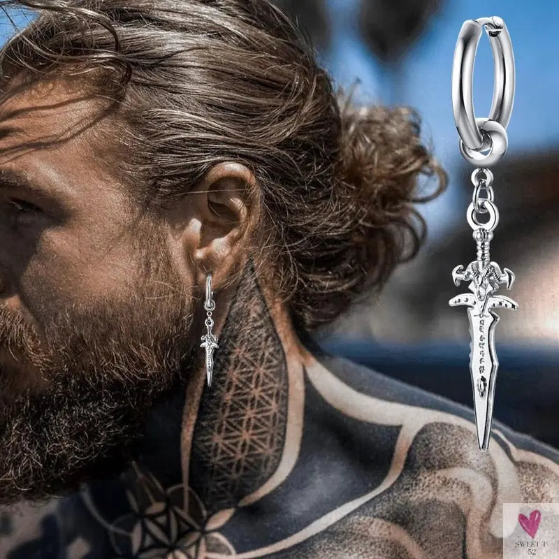 COOL SINGLE SILVER STAINLESS STEEL HOOP DAGGER EARRING FOR MEN AND BOYS