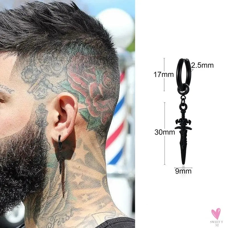 COOL SINGLE SILVER STAINLESS STEEL HOOP DAGGER EARRING FOR MEN AND BOYS