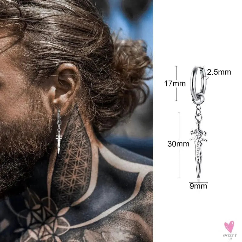 COOL SINGLE SILVER STAINLESS STEEL HOOP DAGGER EARRING FOR MEN AND BOYS
