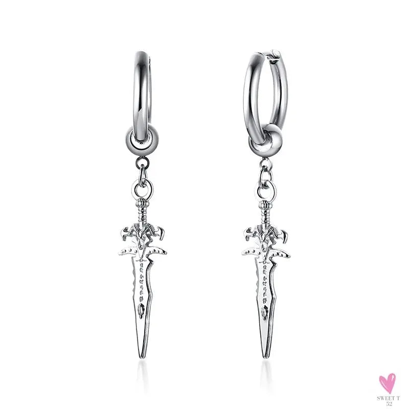 COOL SINGLE SILVER STAINLESS STEEL HOOP DAGGER EARRING FOR MEN AND BOYS