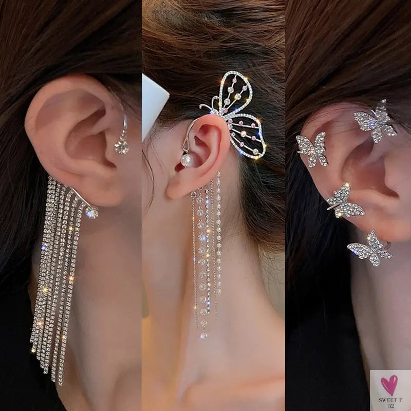 Crystal Butterfly Tassel Ear Cuff Earrings for Women and Girls in Gold and Silver