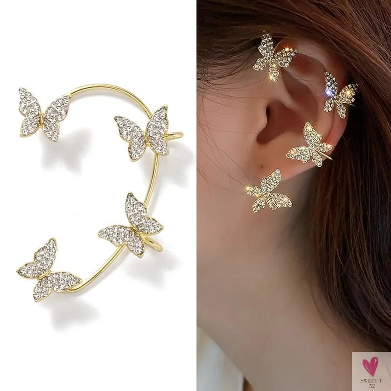 Crystal Butterfly Tassel Ear Cuff Earrings for Women and Girls in Gold and Silver