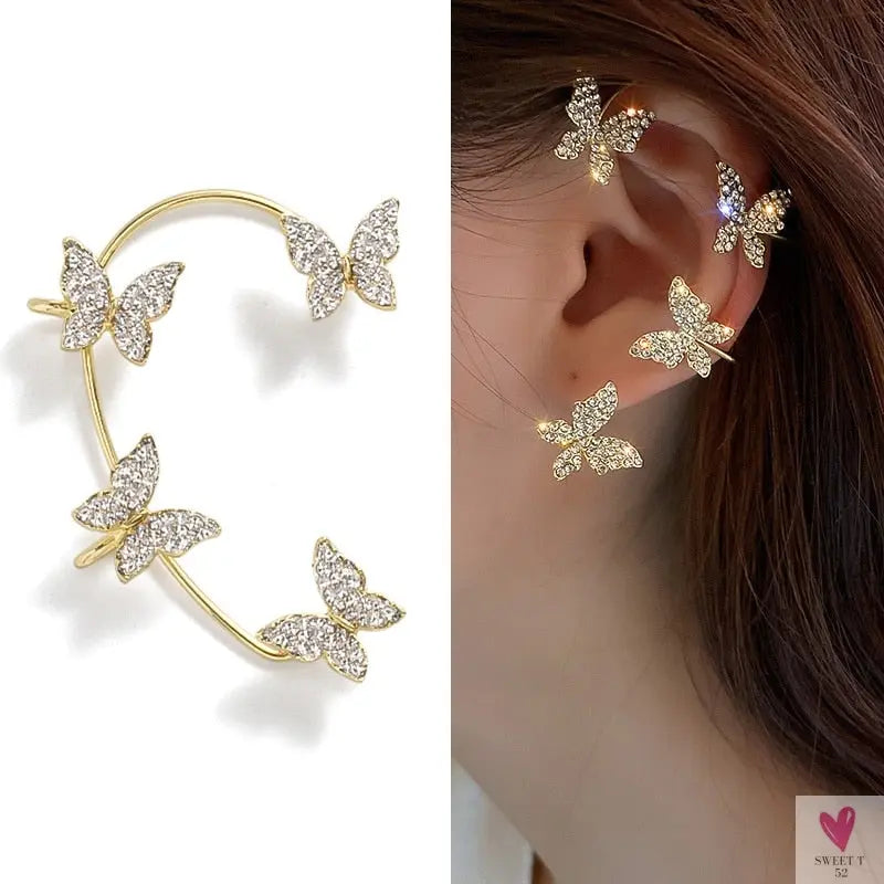Crystal Butterfly Tassel Ear Cuff Earrings for Women and Girls in Gold and Silver