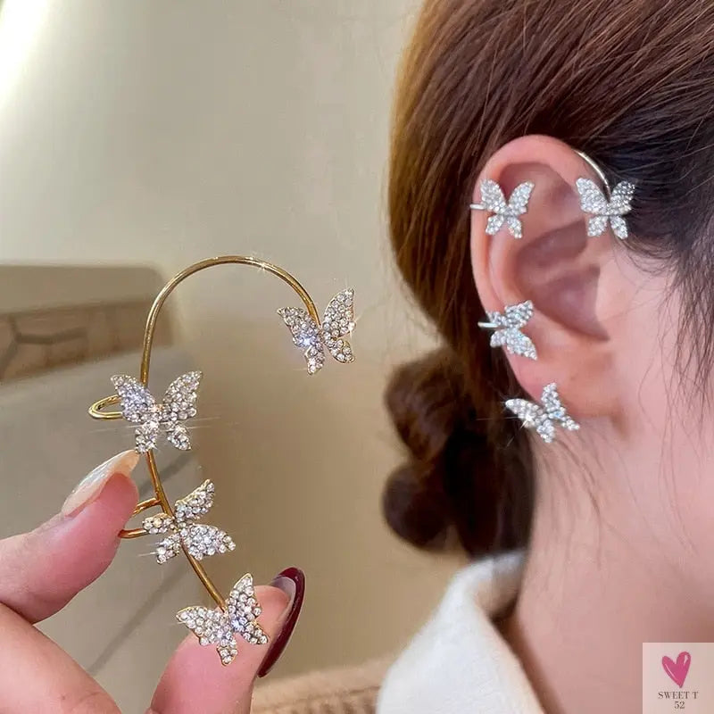 Crystal Butterfly Tassel Ear Cuff Earrings for Women and Girls in Gold and Silver