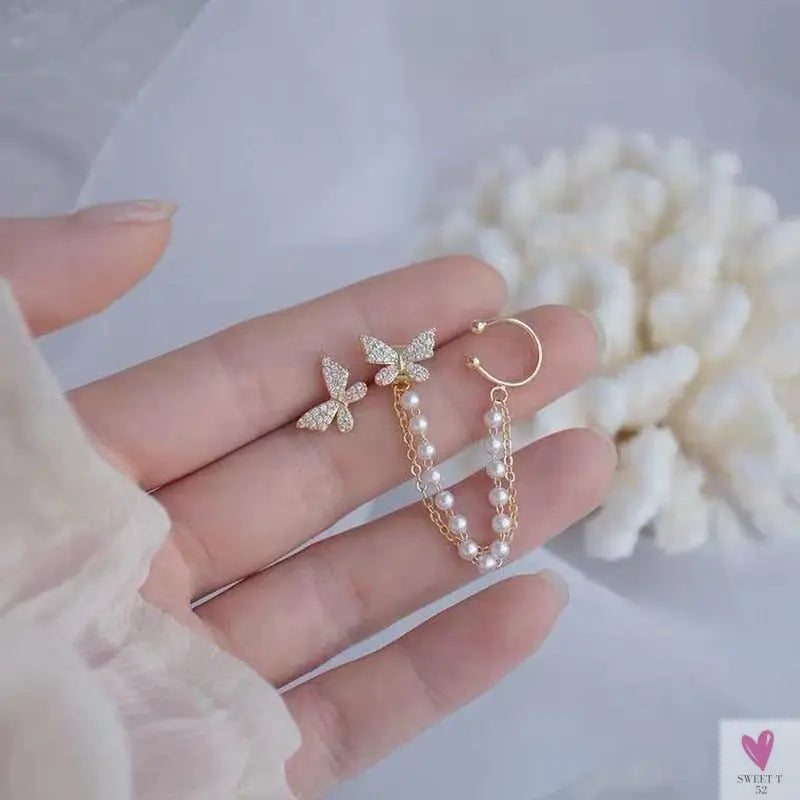 Crystal Butterfly Tassel Ear Cuff Earrings for Women and Girls in Gold and Silver