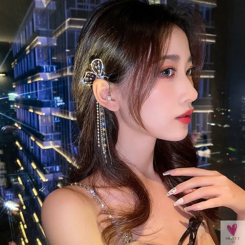 Crystal Butterfly Tassel Ear Cuff Earrings for Women and Girls in Gold and Silver