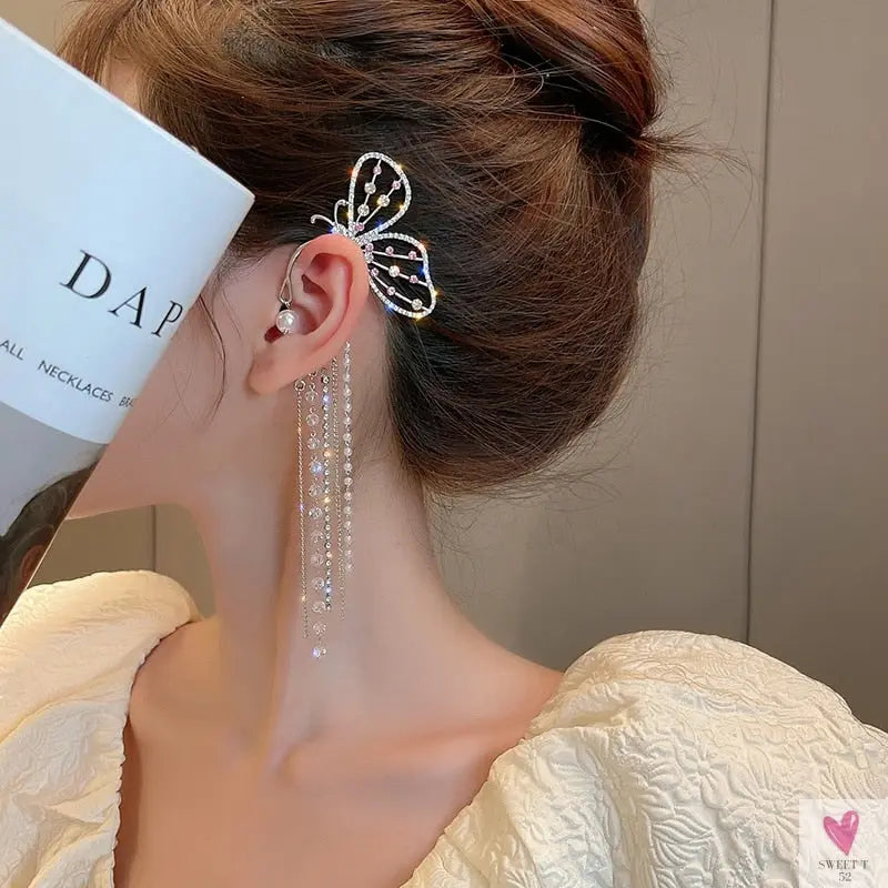 Crystal Butterfly Tassel Ear Cuff Earrings for Women and Girls in Gold and Silver