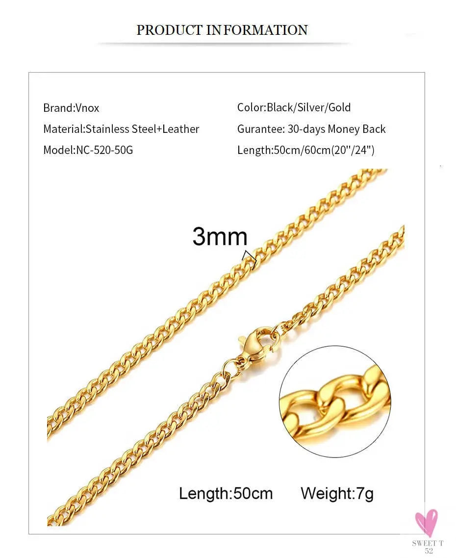 Cuban Chain Link Necklace for Men and Boys, Stainless Steel in Gold, Black and Silver Color - Choker or Long