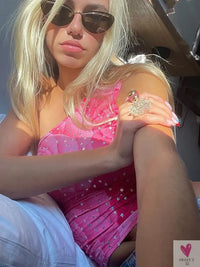 Cute Pink Flower Print/Sequins Trim Crop Top - Vintage One Shoulder Sleeveless Tank Top for Women and Girls